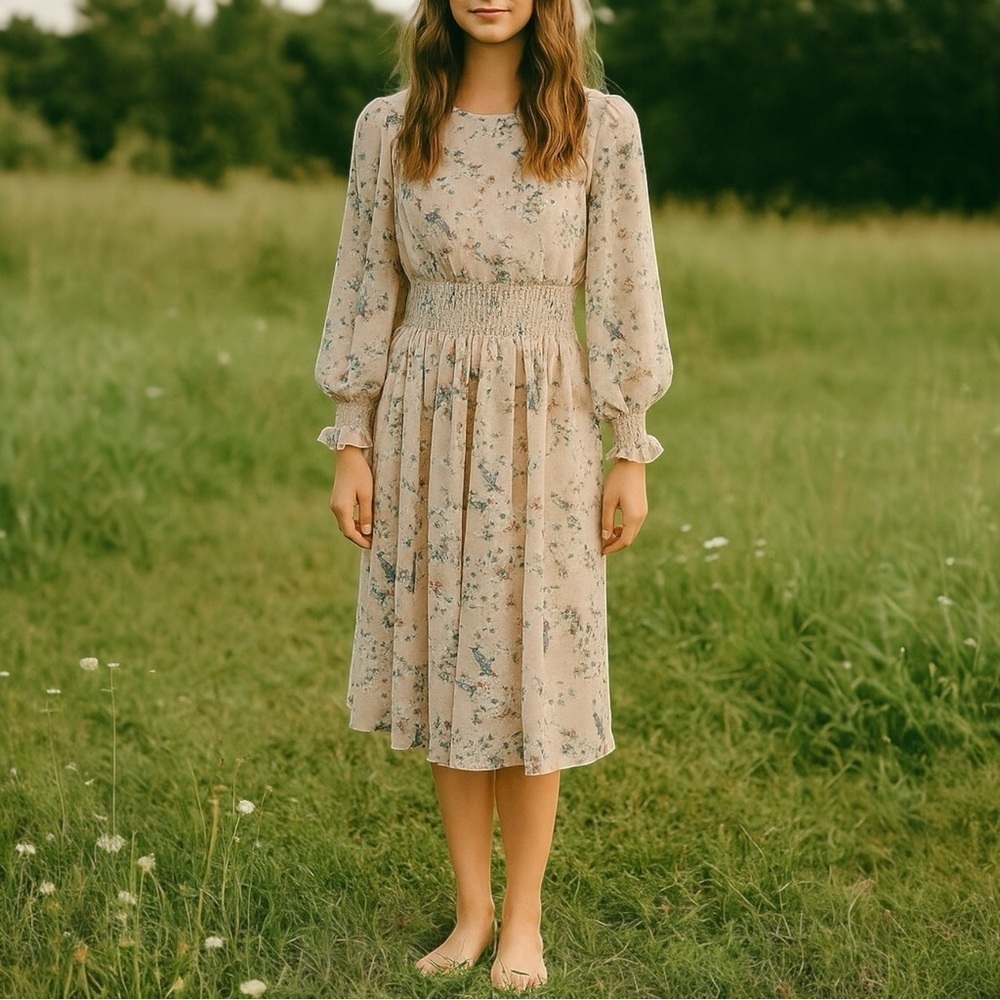 WE ARE KINDRED Pippa Shirred Floral‎ Metallic Long Sleeve Midi Dress